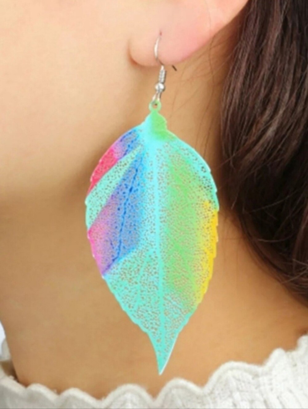Oversized Colorful Rainbow Leaf Teal Green Blue Purple Pink Yellow Hook Earrings